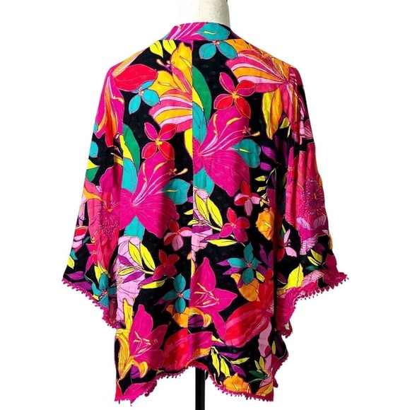 NEW Trina Turk Floral Kimono Swim Cover Up Pom Pom Trim OSFM Multicolor - Picture 3 of 9